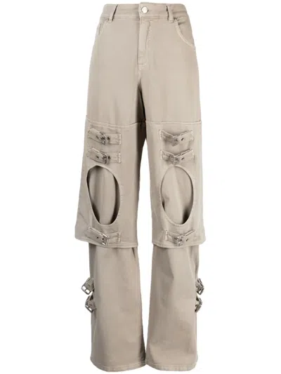 Blumarine Buckle-detailed Wide Leg Trousers In Grey
