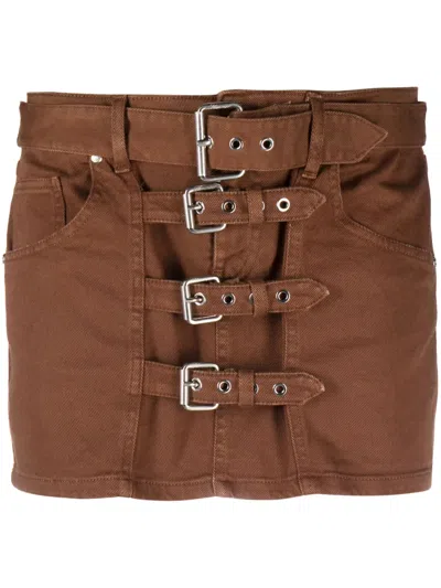 Blumarine Buckle-embellished Denim Miniskirt In Braun