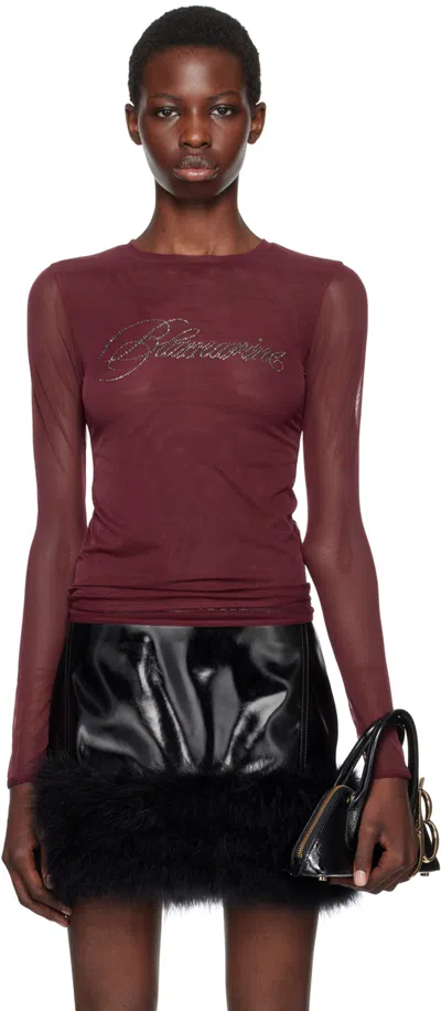 Blumarine Burgundy Embroidery Rhinestone Long Sleeve T-shirt In N0727 Burgundy