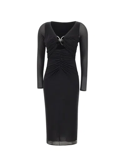 Blumarine Butterfly-clasp Ruched Midi Dress In Black