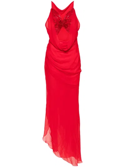 Blumarine Butterfly Crepe Asymmetric Dress In Red