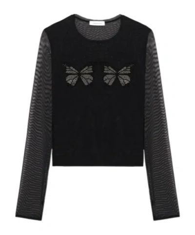 Blumarine Butterfly-embellished Mesh Top In Black