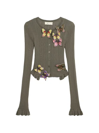 Blumarine Butterfly Ribbed Cardigan In Green