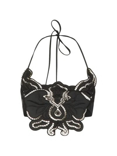 Blumarine Lace Halterneck Top Sheer Panels Embroidery In Black