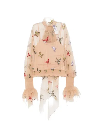 Blumarine Butterfly-embroidered Mesh Blouse In Neutral