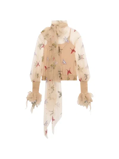 Blumarine Butterfly-embroidered Mesh Blouse In Neutral