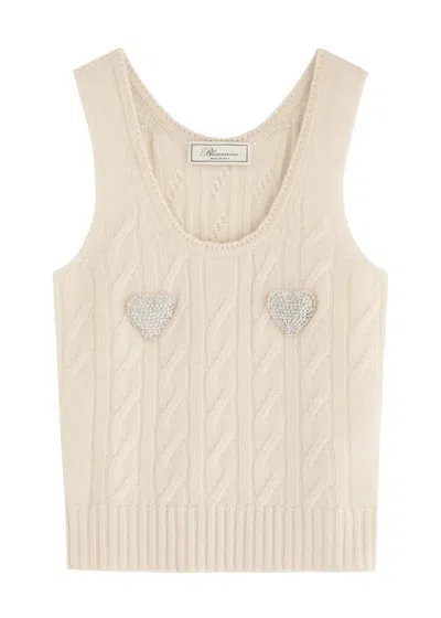 Blumarine Cable-knit Embellished Wool-blend Tank In Cream