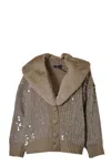 Blumarine Camel Virgin Wool Cardigan With Sequins In Brown
