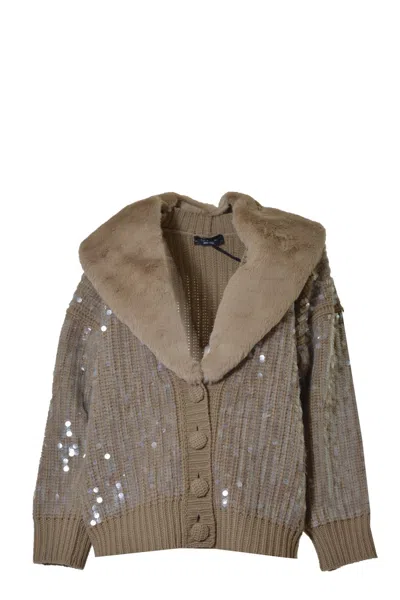 Blumarine Camel Virgin Wool Cardigan With Sequins In Brown