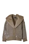 Blumarine Camel Virgin Wool Cardigan With Sequins In Brown