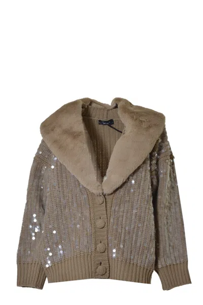 BLUMARINE CAMEL VIRGIN WOOL CARDIGAN WITH SEQUINS