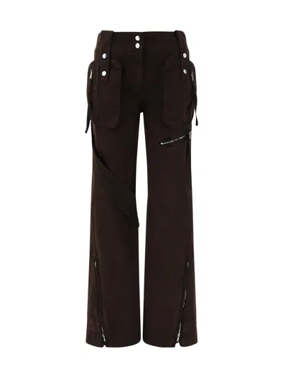 Blumarine Cotton Denim Cargo Flared Pants W/zips In Chocolate Brown