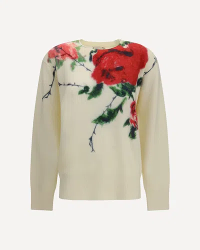 Blumarine Cashmere-blend Sweater With Rose Print In White