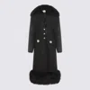 Blumarine Long Structured Coat With Floral Embellishments And Silver Buttons In Black