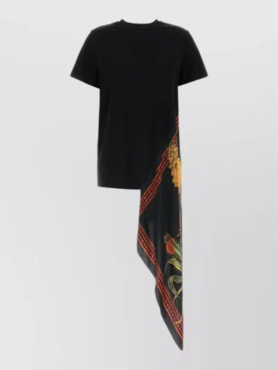 Blumarine Cotton T Shirt Asymmetric Hem Floral Print In Black