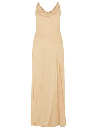 Blumarine Viscose Dress Cowl Neck Sleeveless Slit In Neutral
