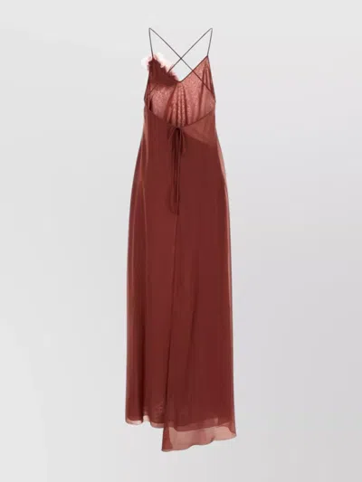 Blumarine Crepe Dress With Spaghetti Straps And Floral Applique In Red