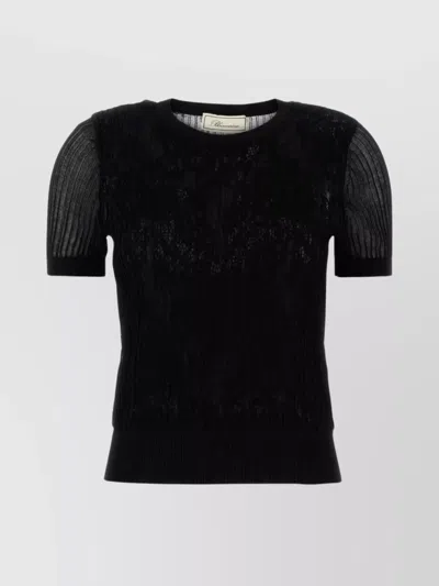 Blumarine Crew Neck Knitwear With Sheer Ribbed Short Sleeves In Black