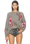 Blumarine Gray Jacquard Rose Sweater In Frost Grey  Dahalia  & Rouge Noir