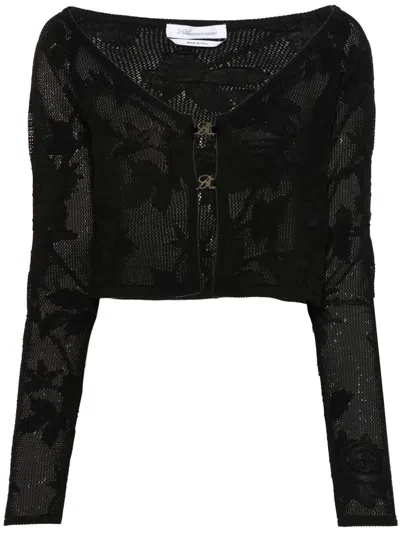Blumarine Cropped Floral Knit Cardigan Openwork Detail In Black