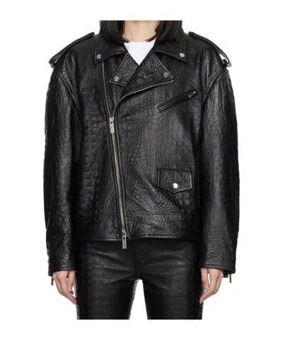 Blumarine Crocodile-effect Leather Jacket In Black