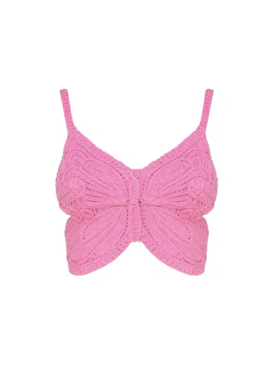Blumarine Cropped Top With Butterfly Embroidery In Pink
