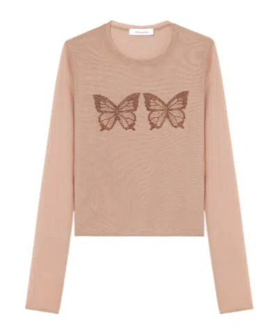 Blumarine Crystal-butterfly Tulle T-shirt In Nude