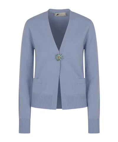 Blumarine Crystal-embellished Brooch Cardigan In Blue