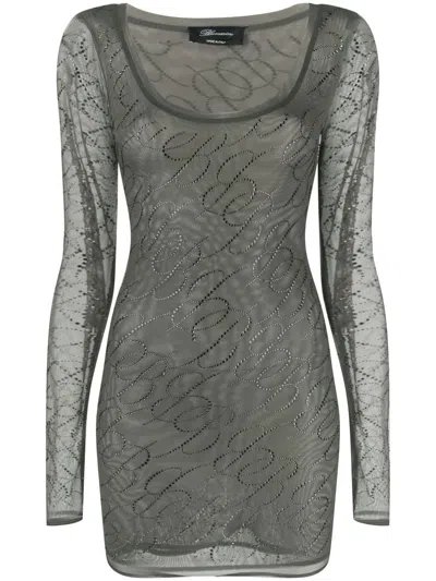 Blumarine Grey Logo Mesh Mini Dress In Neutrals