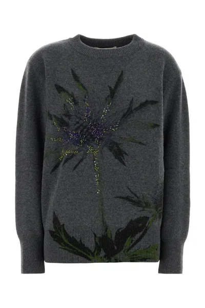 Blumarine Floral Knitwear With Long Sleeves And Crew Neck In Gray