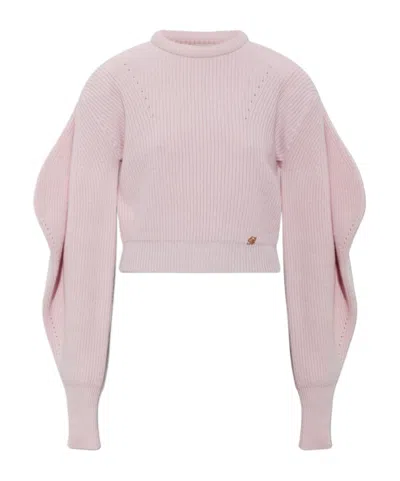 Blumarine Deformedsleeve Cropped Knit Sweater In Pink