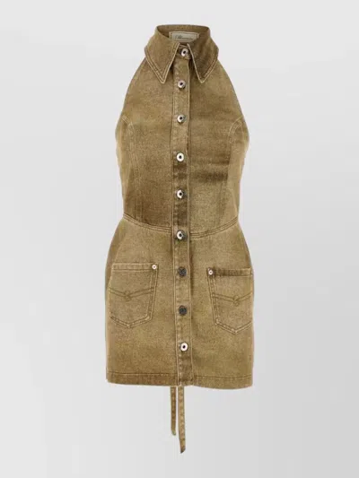 Blumarine Denim Mini Dress Halter Neck Front Pockets In Green