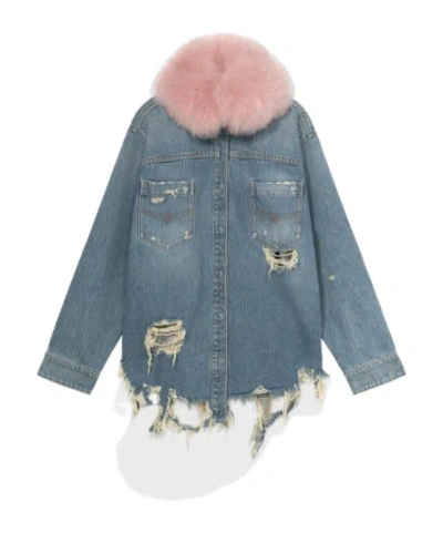 Blumarine Denim Shirt With Faux Fur Collar In Blue