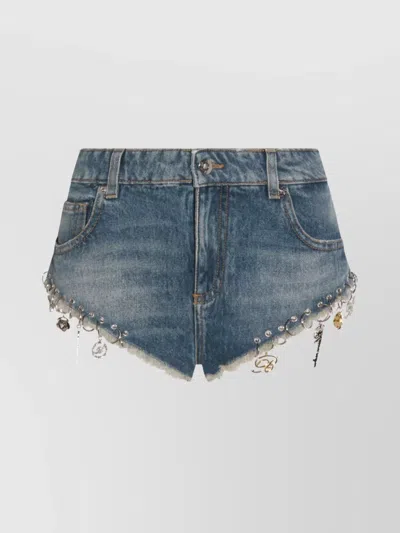 Blumarine Denim Shorts With Frayed Hem And Embellishments In Blue