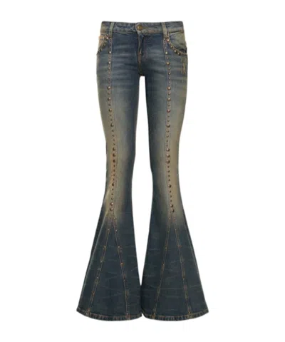 Blumarine Denim Studded Low Waist Flare Jeans In Blue
