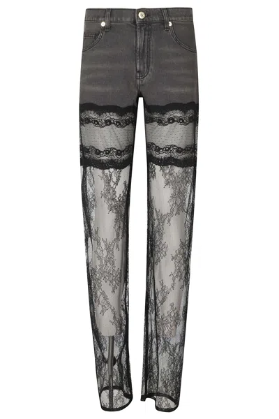 Blumarine Denim Trousers With Lace Panels And Regular Fit In Gray