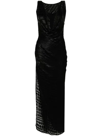 Blumarine Black Devoré Long Dress With Slit In Multicolor