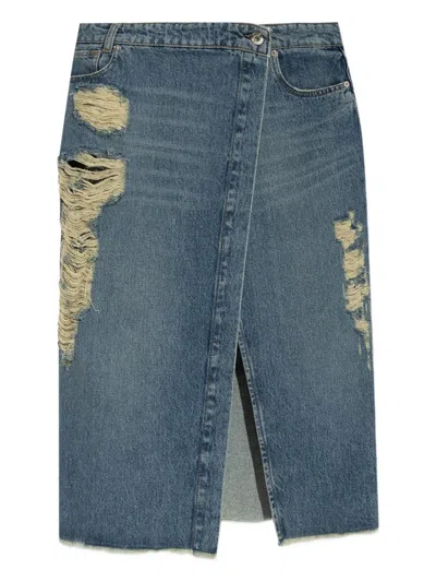 BLUMARINE DISTRESSED SLIT-FRONT DENIM SKIRT