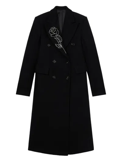 Blumarine Double-breasted Floral-embroidered Coat In Black