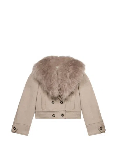 Blumarine Double-breasted Faux-fur Collar Coat In Neutral