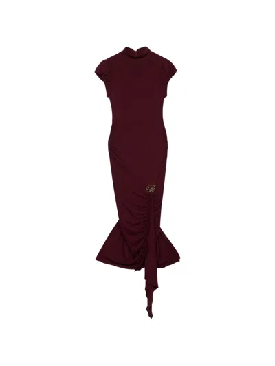 Blumarine Draped Logo-detail Midi Dress In Brown