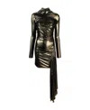 Blumarine Draped Metallic Long-sleeved Asymmetric Dress In Black
