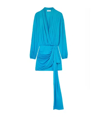 Blumarine Draped Viscose Jersey Mini Dress W/bow In Blue