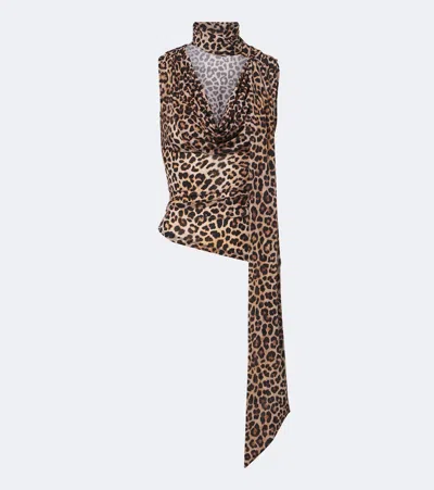 Blumarine Draped Scarf-detail Leopard-print Top In Brown