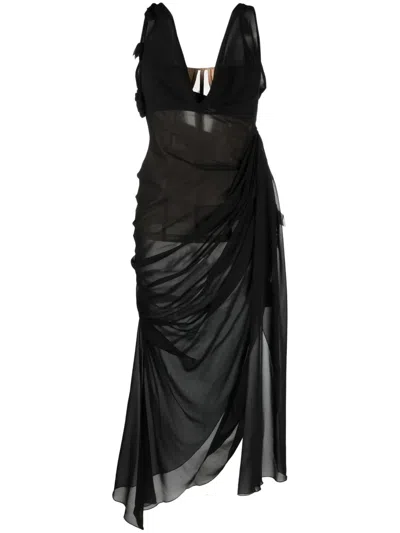Blumarine Draped Sheer Silk Dress In Black