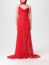 Blumarine Asymmetric Draped Silk Georgette Gown In Red