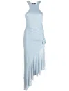 Blumarine Jersey Dress With Asymmetric Ruffle And Floral Embellishment In Blue