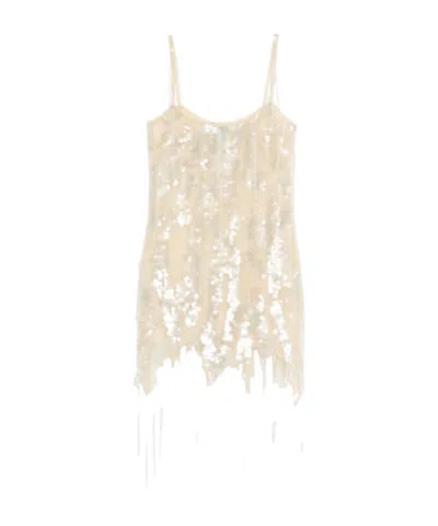 Blumarine Dress With Sequin Embroidery And Fringes In Nude
