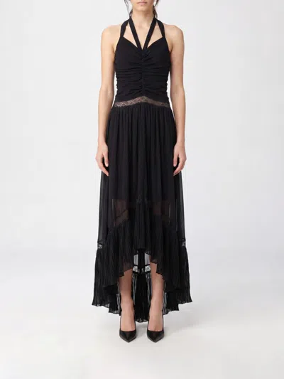 Blumarine Asymmetrical Midi Georgette Dress With Lace Inserts In Black