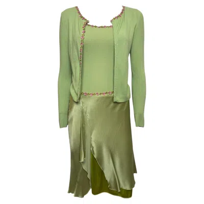 Pre-owned Blumarine Early 2000s Pistachio Green Floral-embellished Knit And Satin Three-piece Ensemble